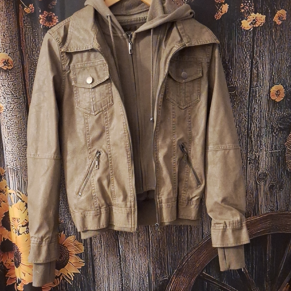 Women's Tan Vegan Leather Jacket with Hoodie